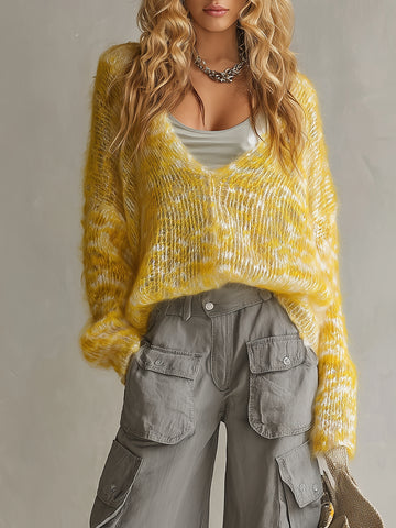 Retro-casual Elegant Western-style Mixed-color Knit Pullover With Camisole Base Layer
