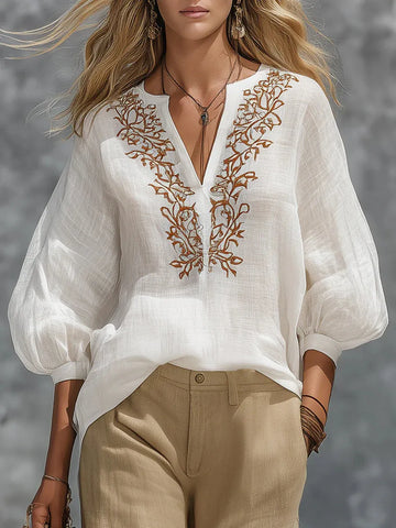 Loose-fitting V-neck Linen And Cotton Shirt